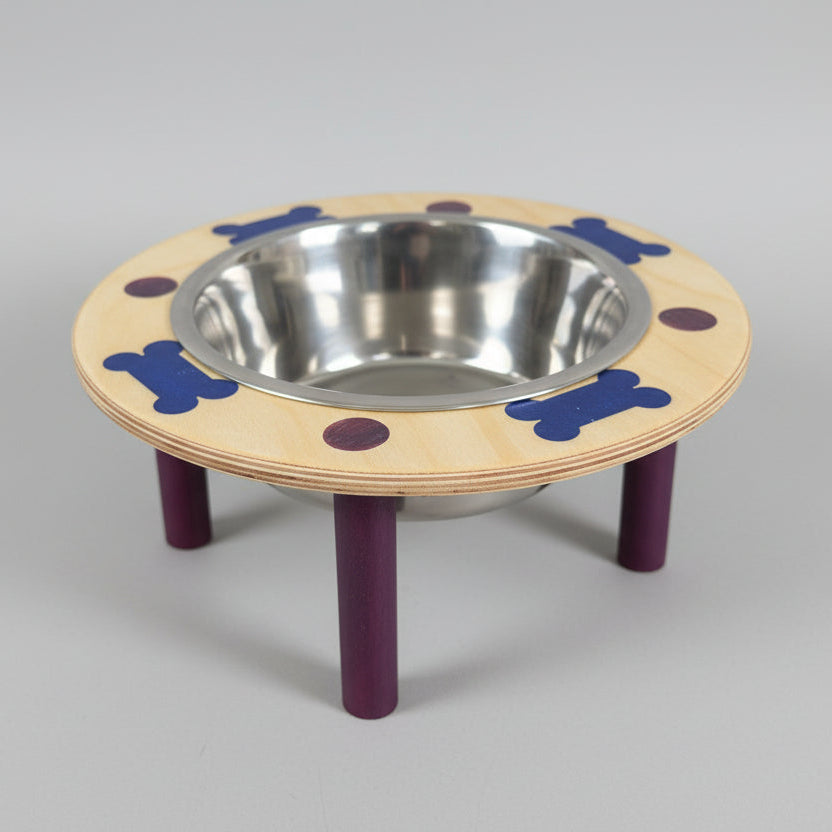 Baltic Birch Single 2 qt 6" raised feeder with purple maple legs royal blue bones