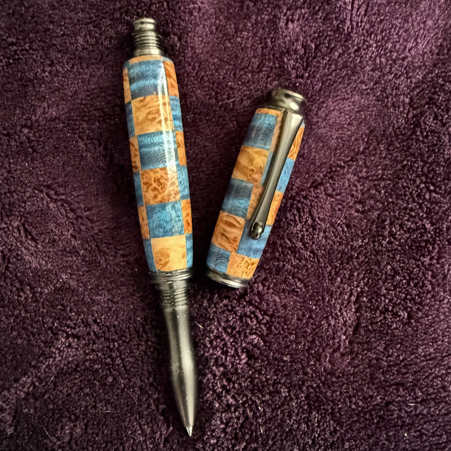 Fountain Style Segmented Rollerball Blue and Natural Checkerboard