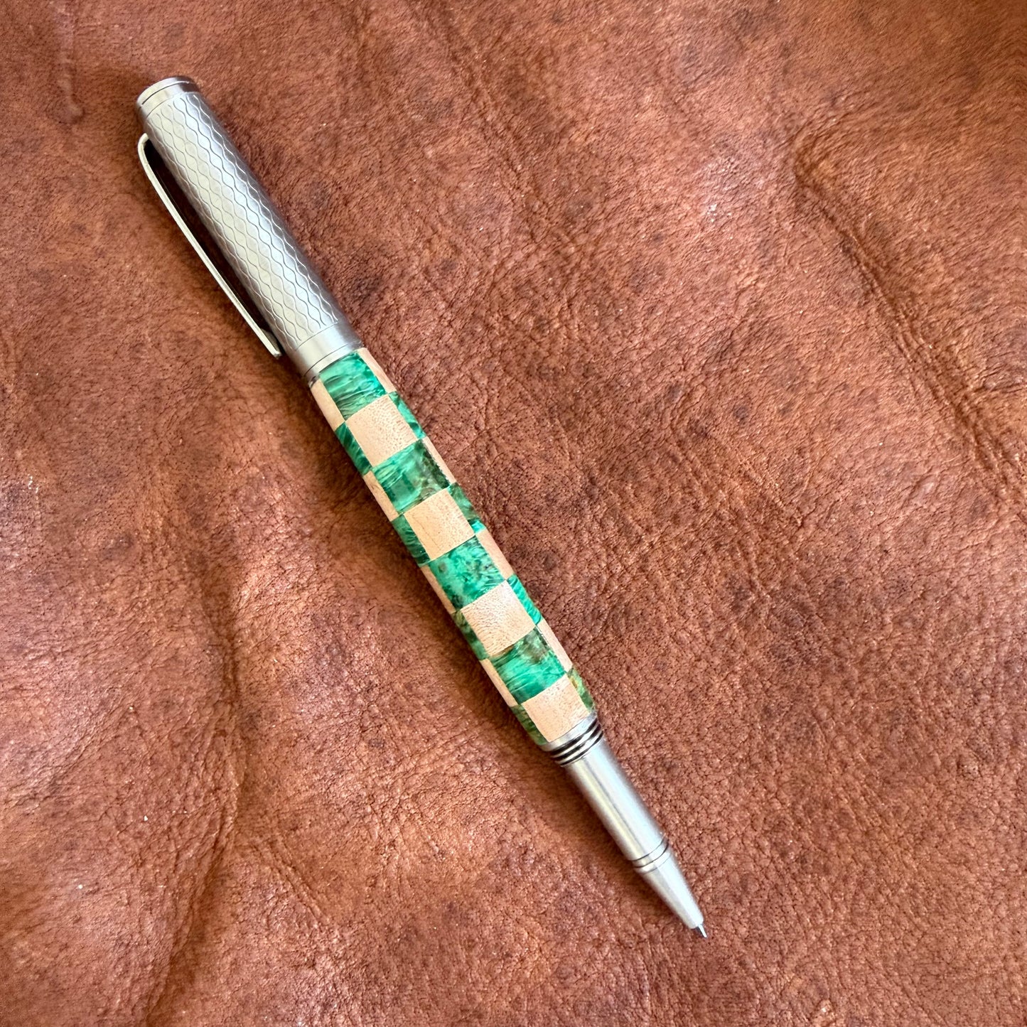 Fountain Style Segmented Rollerball Natural and Green Checkerboard
