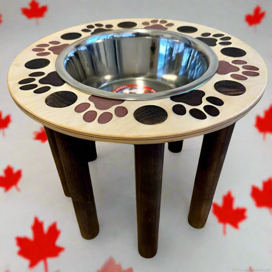 Baltic Birch Single 3 qt 12" raised feeder with burgundy maple legs Paw Inlay