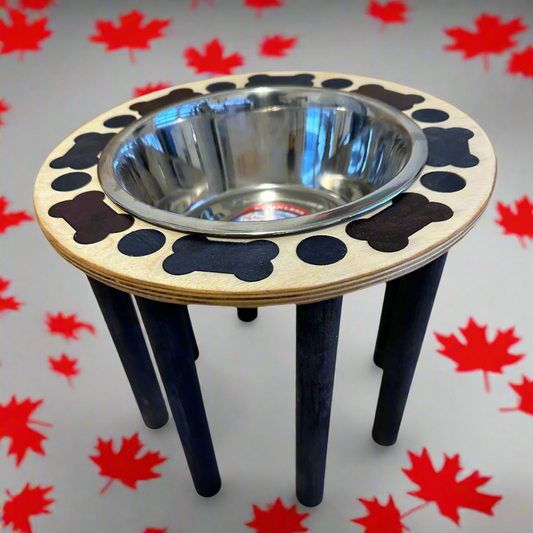 Baltic Birch Single 2 qt 10" raised feeder with blue maple legs Bone Inlay