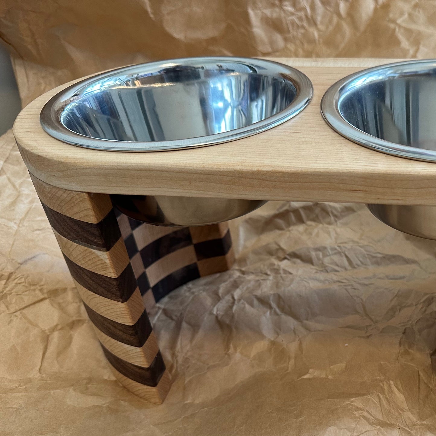 Double Dog Feeder Medium Checkerboard Maple and Walnut