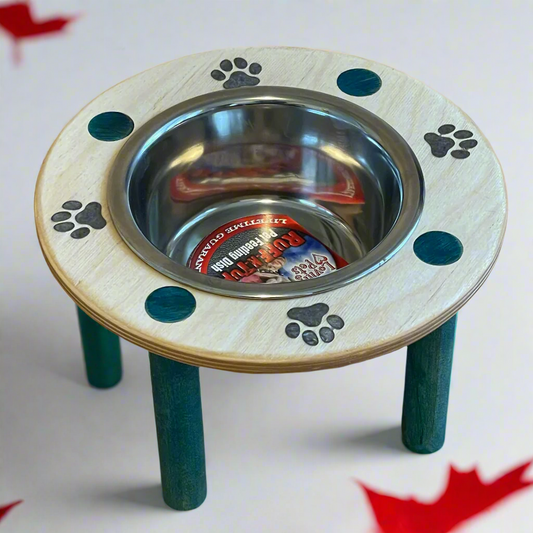 Baltic Birch Single 1 qt 6" raised feeder with teal maple legs grey paws