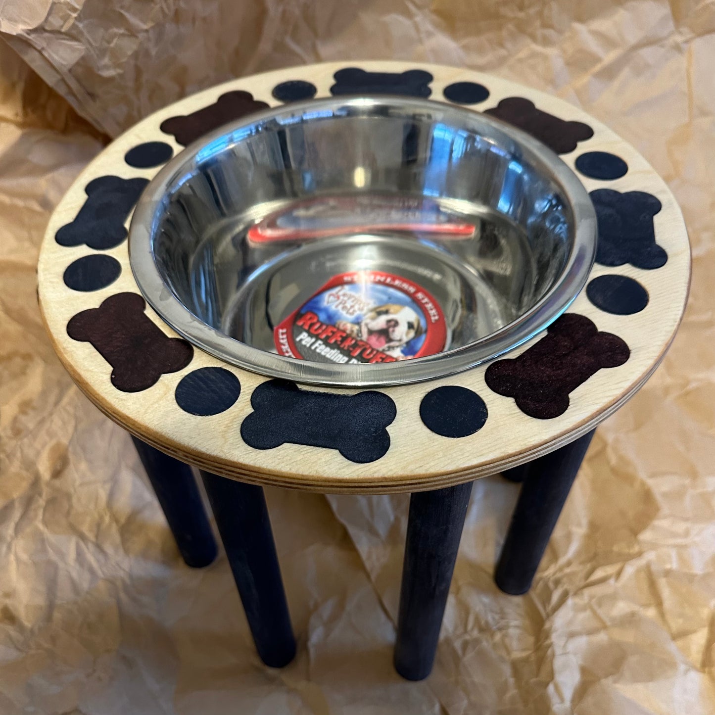Baltic Birch Single 2 qt 10" raised feeder with blue maple legs Bone Inlay