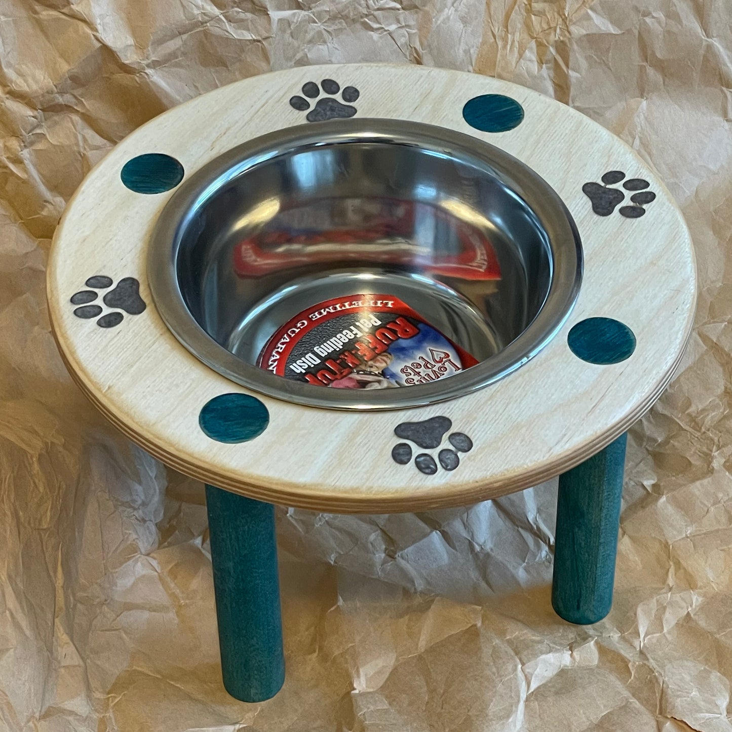 Baltic Birch Single 1 qt 6" raised feeder with teal maple legs grey paws