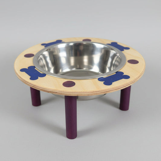 Baltic Birch Single 2 qt 6" raised feeder with purple maple legs royal blue bones