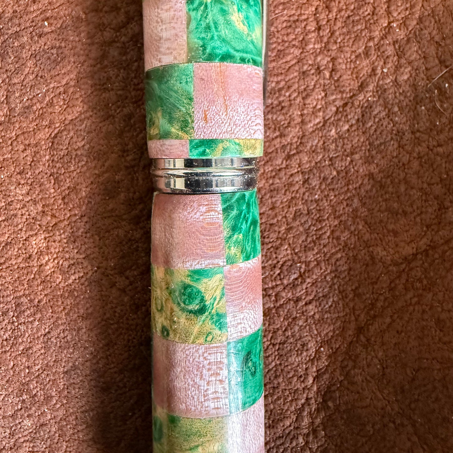 Fountain Pen with Pink an Green Boxelder Checkerboard Chrome