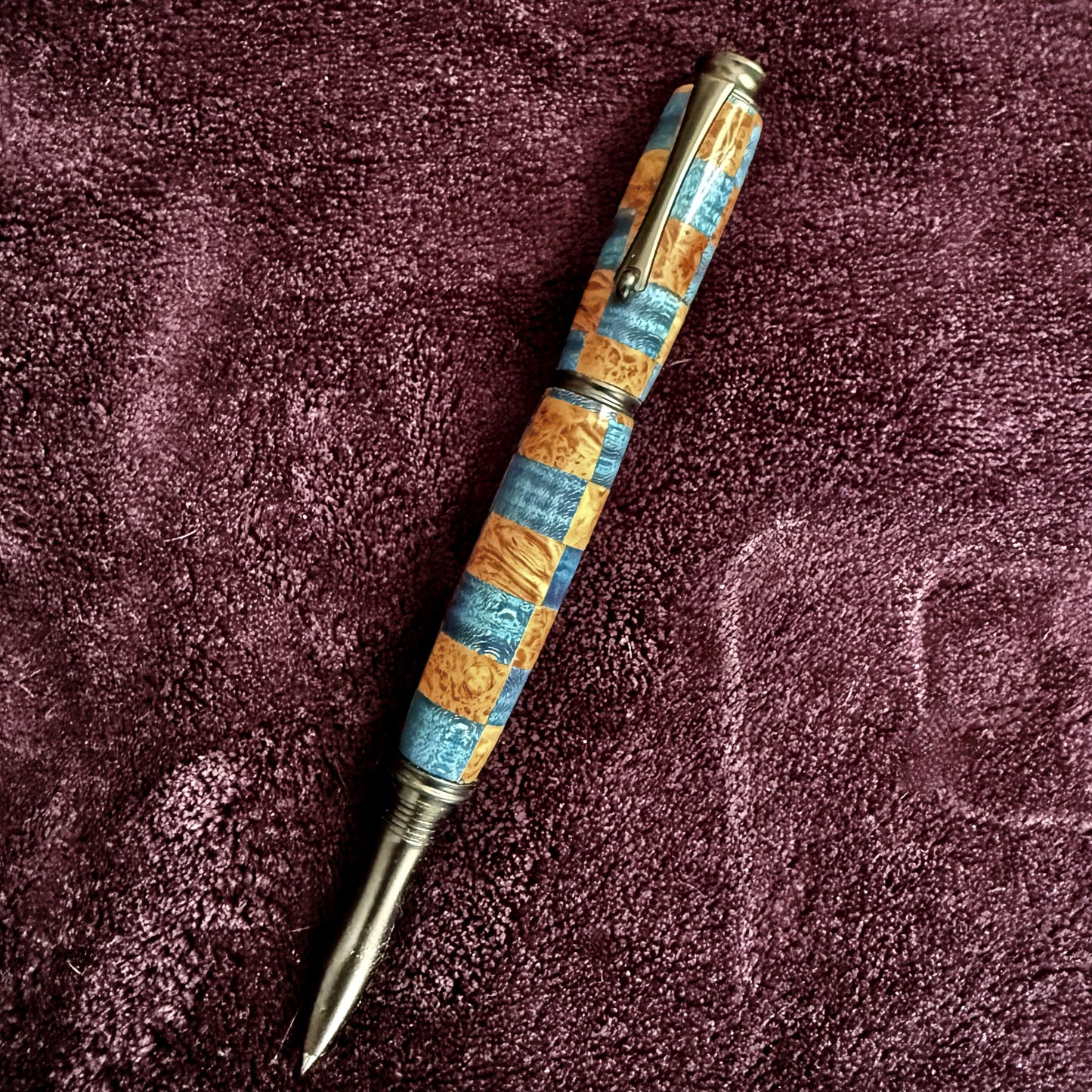 Fountain Style Segmented Rollerball Blue and Natural Checkerboard