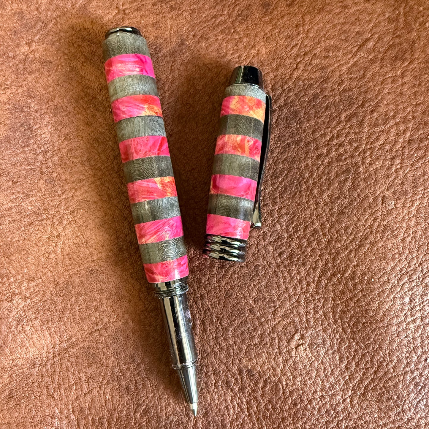 Fountain Style Segmented Rollerball Grey and Pink Striped