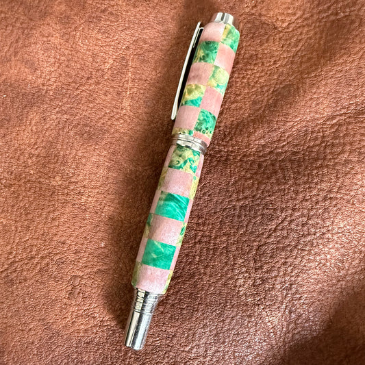 Fountain Pen with Pink an Green Boxelder Checkerboard Chrome