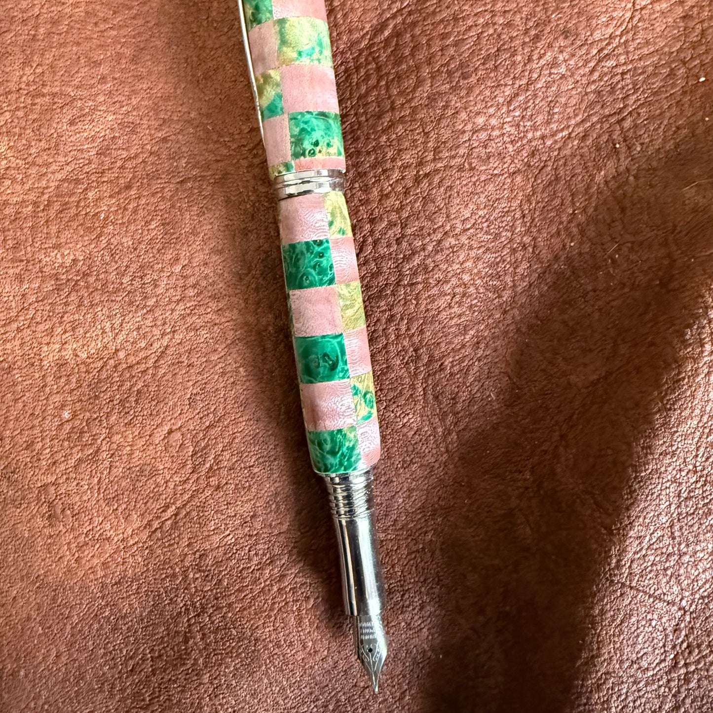 Fountain Pen with Pink an Green Boxelder Checkerboard Chrome