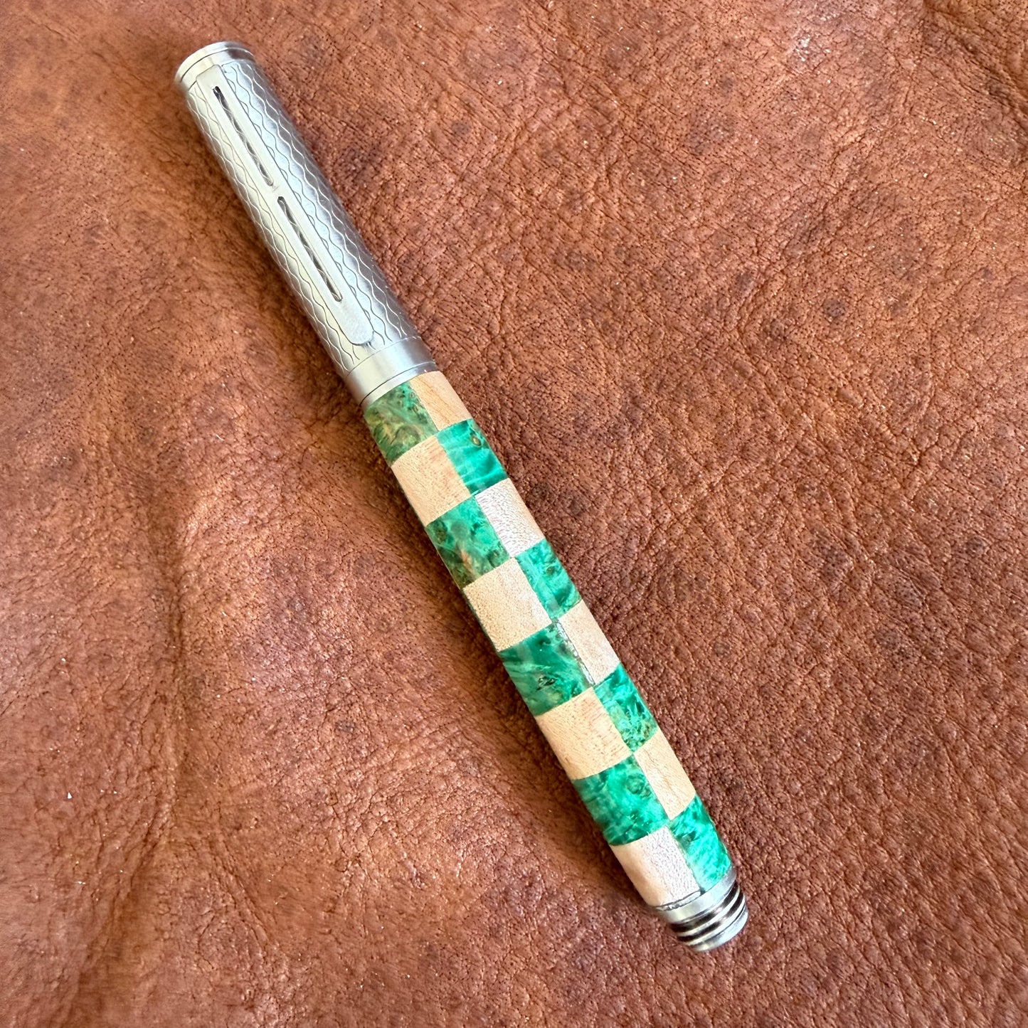 Fountain Style Segmented Rollerball Natural and Green Checkerboard