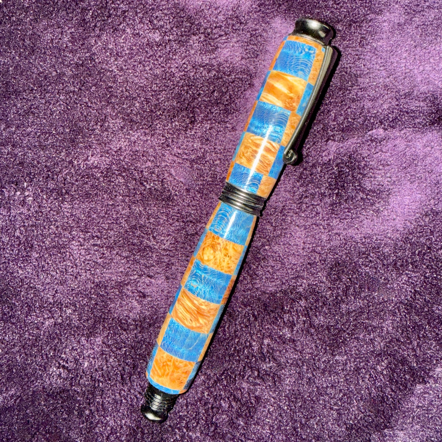 Fountain Style Segmented Rollerball Blue and Natural Checkerboard