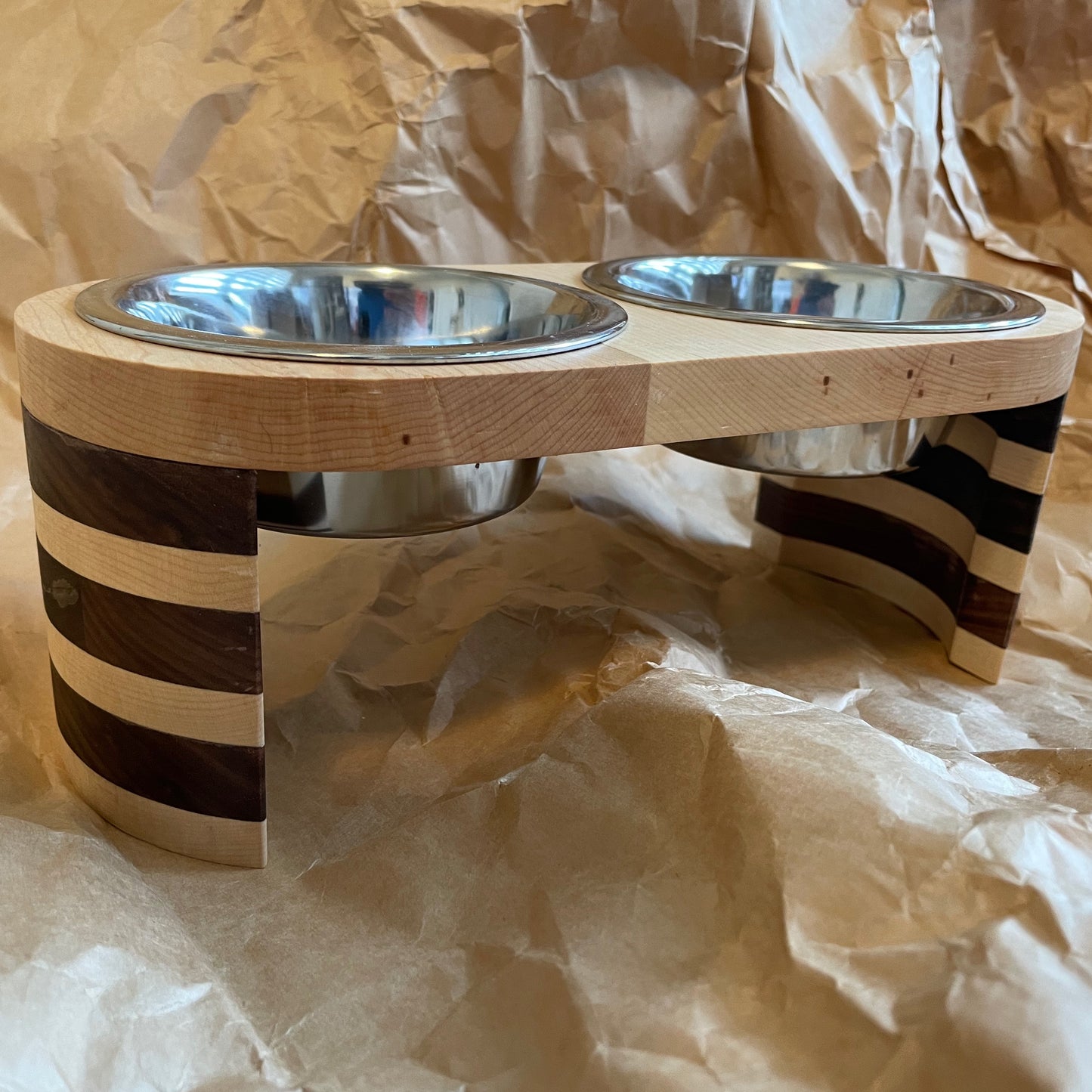 Maple and Walnut Double Dog Feeder small 4.5"